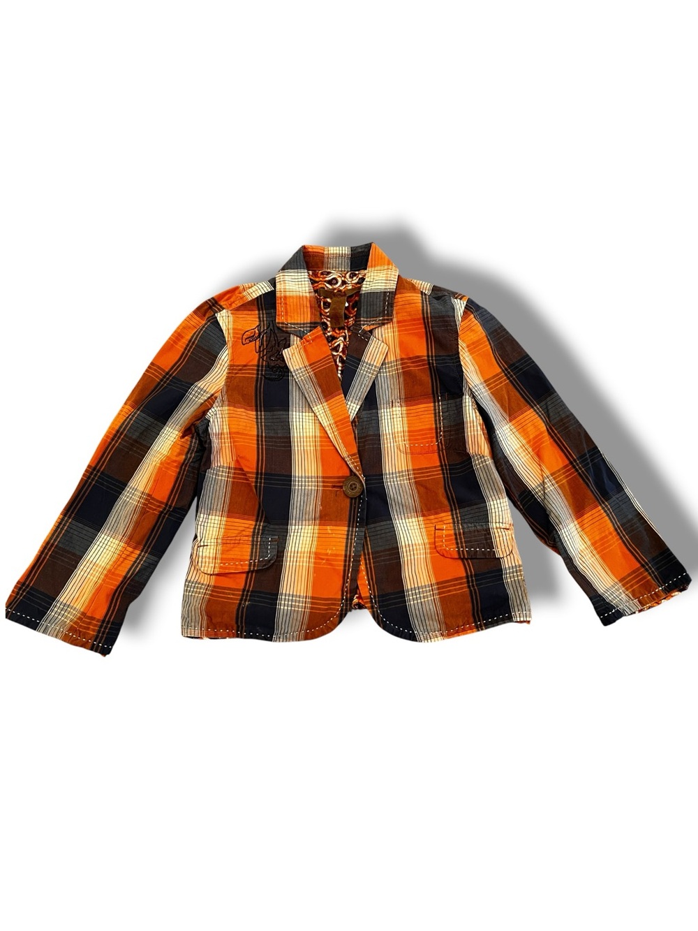 Vtg Y2K Old Navy XS Womens Jacket Orange Blue Plaid Blazer Beaded Button F-4